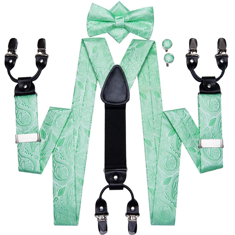 Dubulle Mens Clips Suspenders and Pretied Bowtie Set Y Shape Adjustable Paisley Checks Braces Pocket Square,Mint Green - Image 4